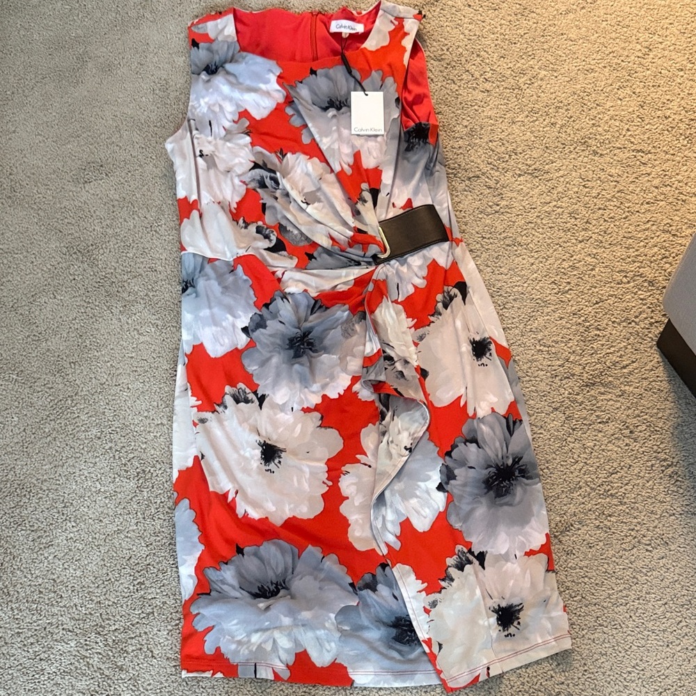 Calvin Klein Red and Gray Floral Midi Dress